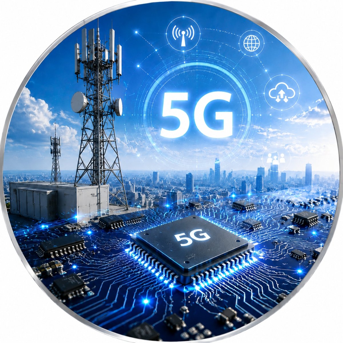 5G telecommunications tower above PCB board with microchips, illustrating 5G network technology and electronics infrastructure.