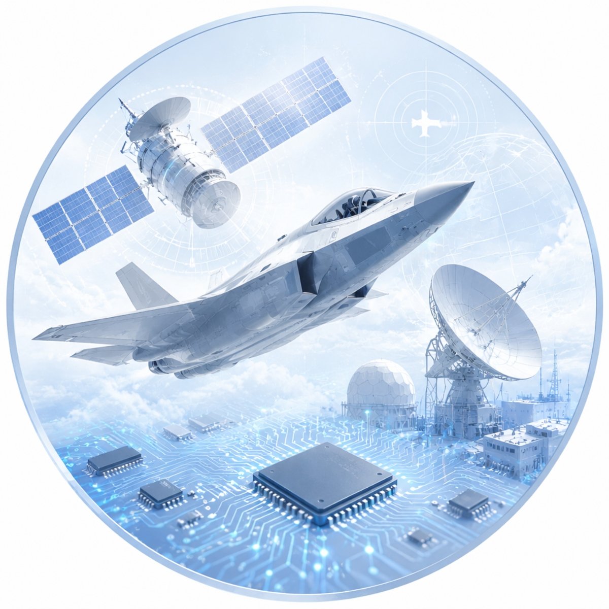 Fighter jet flying above PCB board with satellite and radar installations, illustrating aerospace electronics and high-tech communication systems.