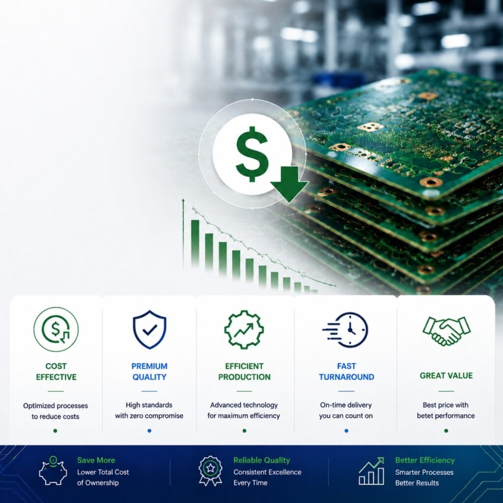 Stack of PCBs with cost-effective production and quality control metrics overlay