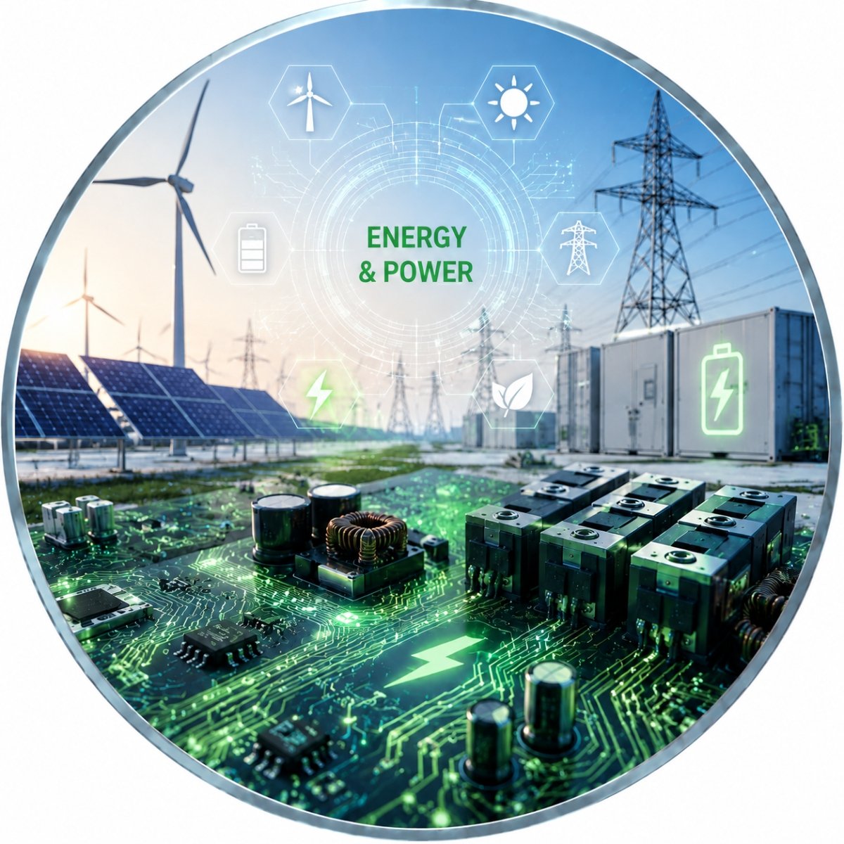 Energy and power PCB with solar panels, wind turbines, and power grid icons, illustrating renewable energy electronics and PCB technology.