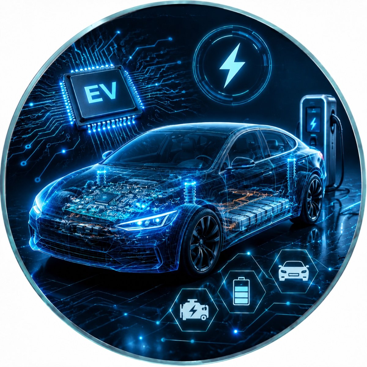 Electric vehicle (EV) with visible PCB components, battery system, and charging station, illustrating automotive electronics and EV technology.
