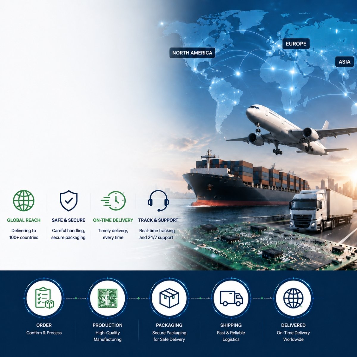 Global logistics and PCB shipping concept with airplane, cargo ship, truck, and printed circuit board, illustrating international delivery and supply chain.