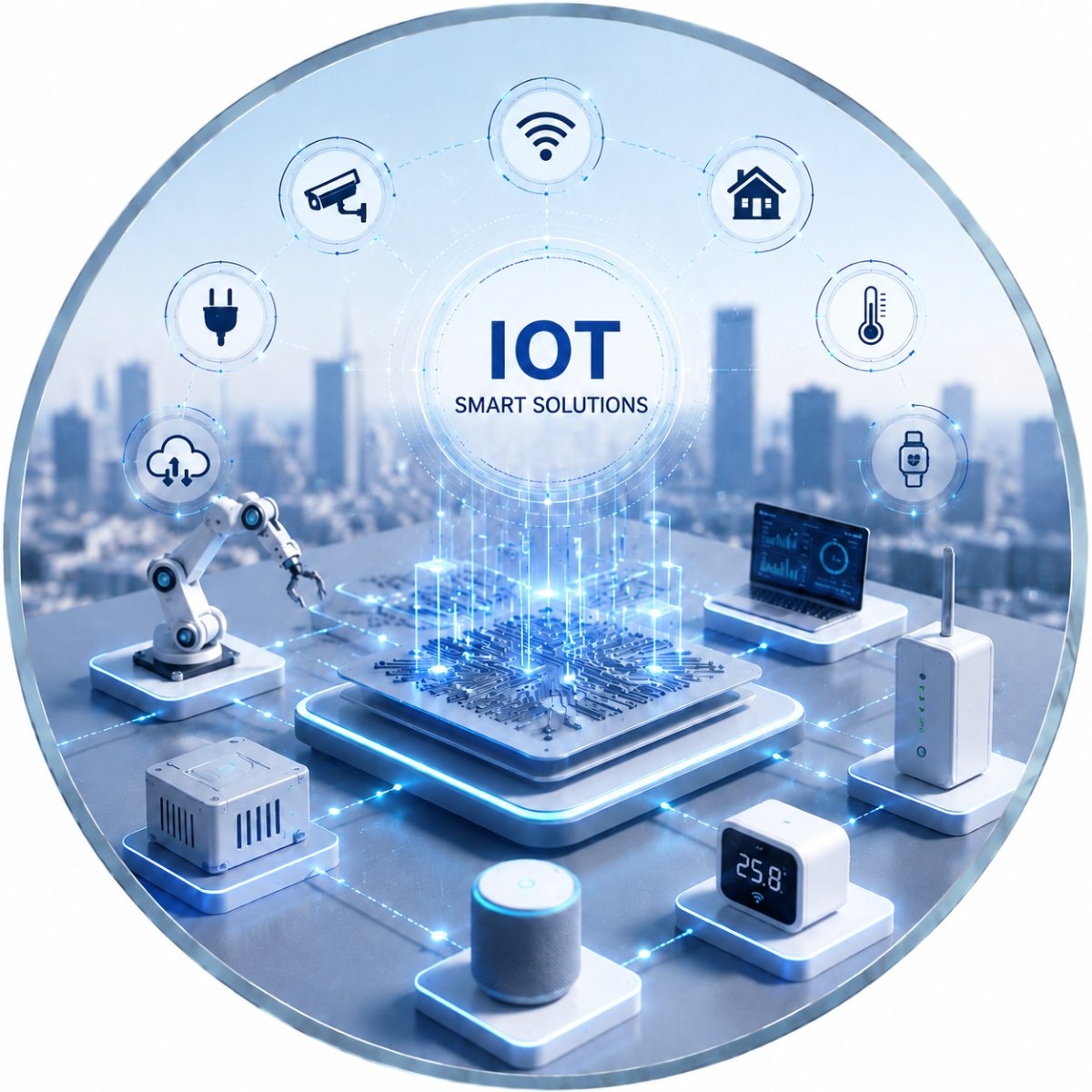 IoT smart devices connected on PCB board including smart speaker, thermostat, router, and robotic arm, illustrating smart solutions and IoT technology.