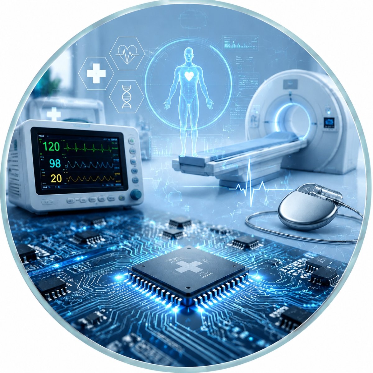Medical devices and PCB board with MRI scanner, pacemaker, and health monitoring icons, illustrating medical electronics and healthcare technology.