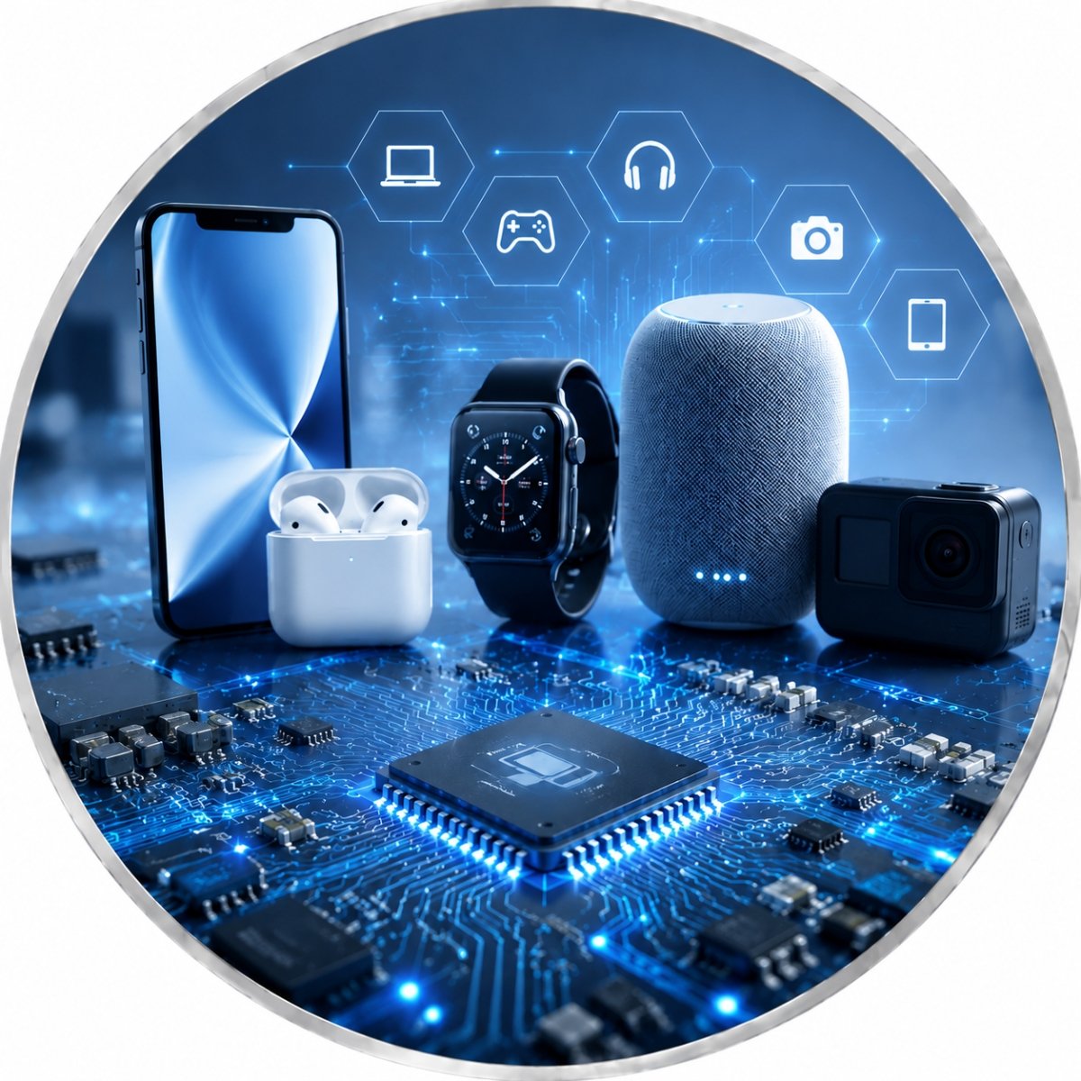 Consumer electronics on PCB board including smartphone, smartwatch, earbuds, and smart speaker, illustrating smart devices and PCB technology.