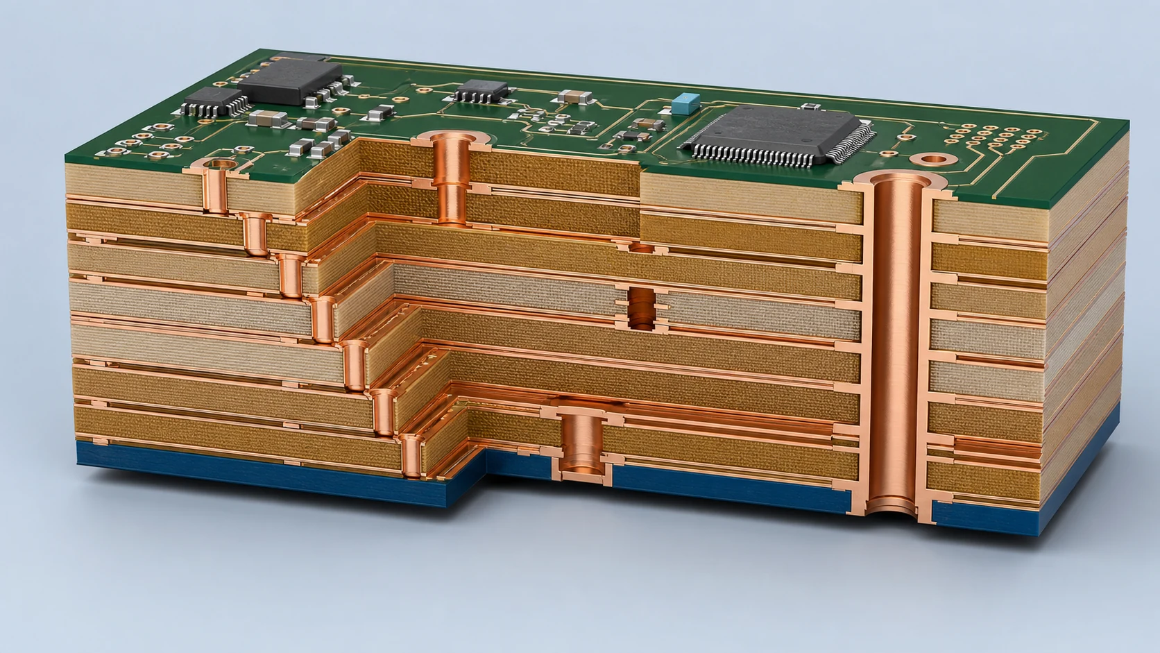 Cutaway HDI PCB stackup showing sequential build-up layers, stacked and staggered microvias, buried vias and plated through-holes