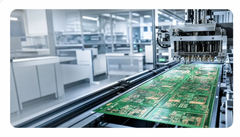 Automated PCB manufacturing line processing green printed circuit board panels in a modern electronics factory.