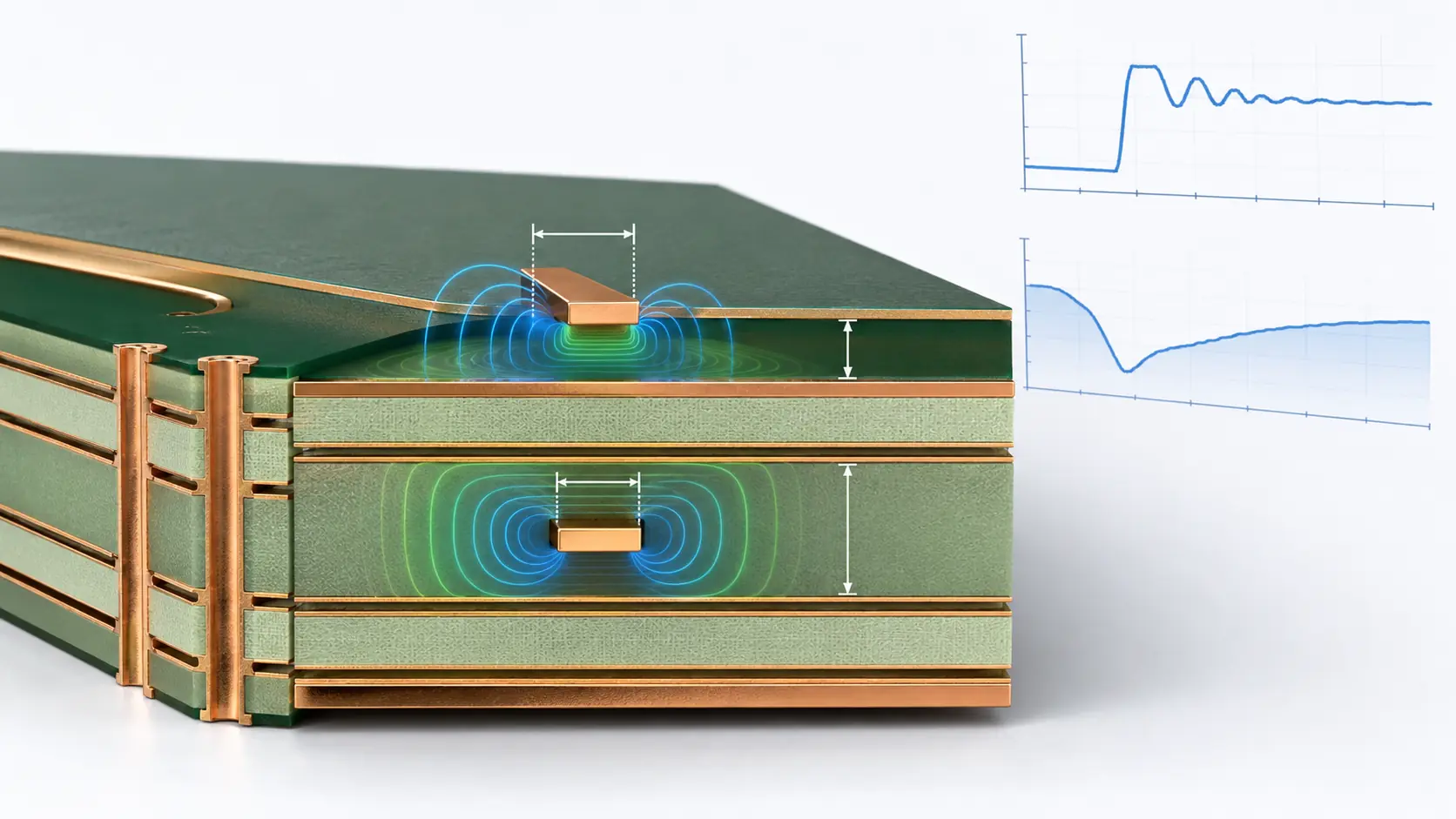 Controlled impedance PCB cross section showing microstrip, stripline, dielectric layers, ground planes, and signal integrity analysis