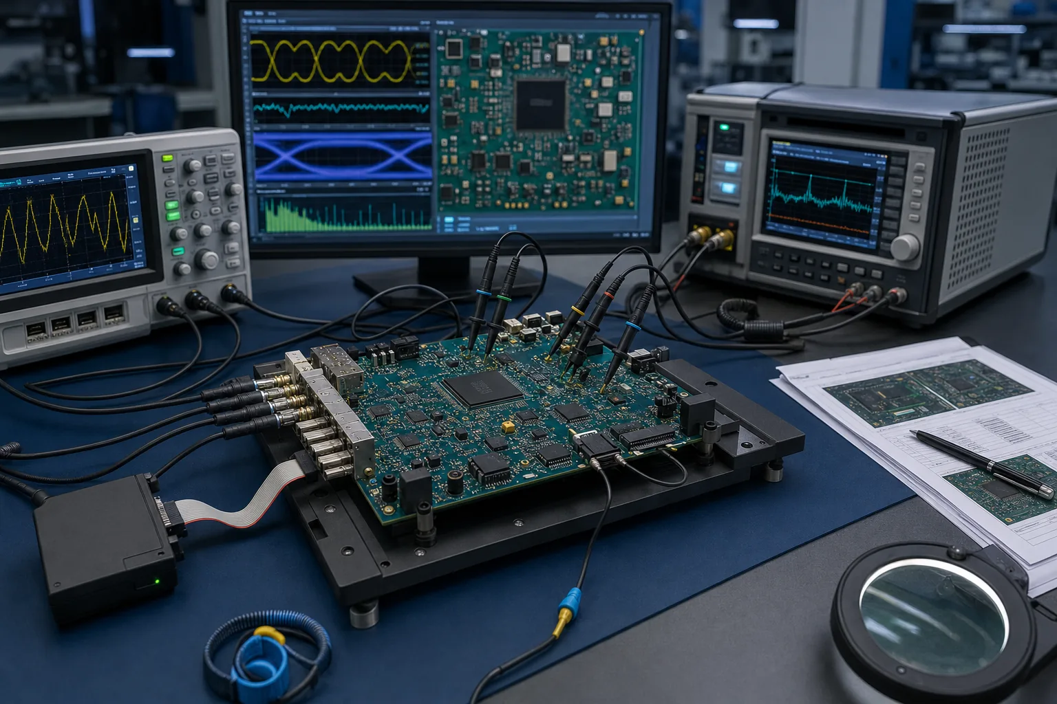 FPGA PCB bring-up and validation with oscilloscope probes, power analysis, debug connection, and inspection records