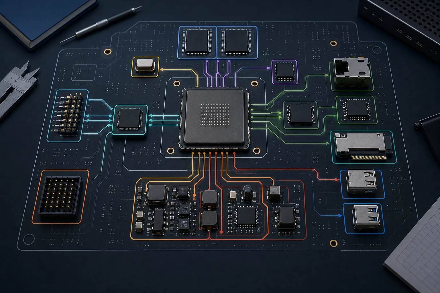 Embedded and FPGA system architecture connecting memory, clocks, power, interfaces, and debug access