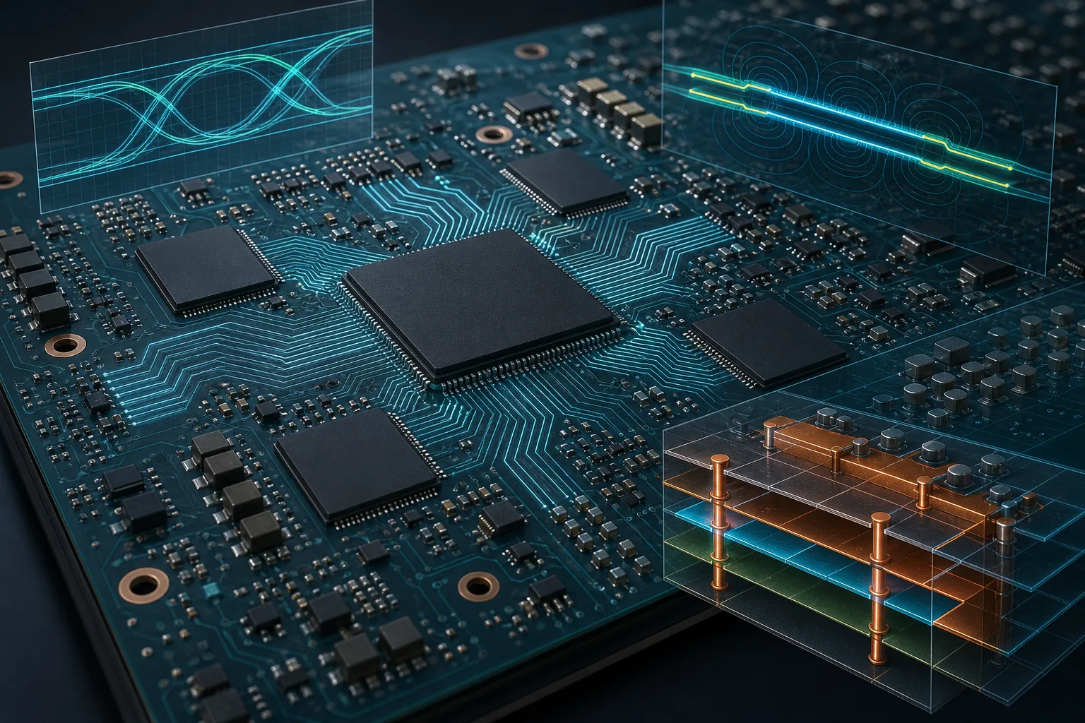 Signal integrity and power integrity analysis around FPGA, DDR routing, differential pairs, and multilayer power planes