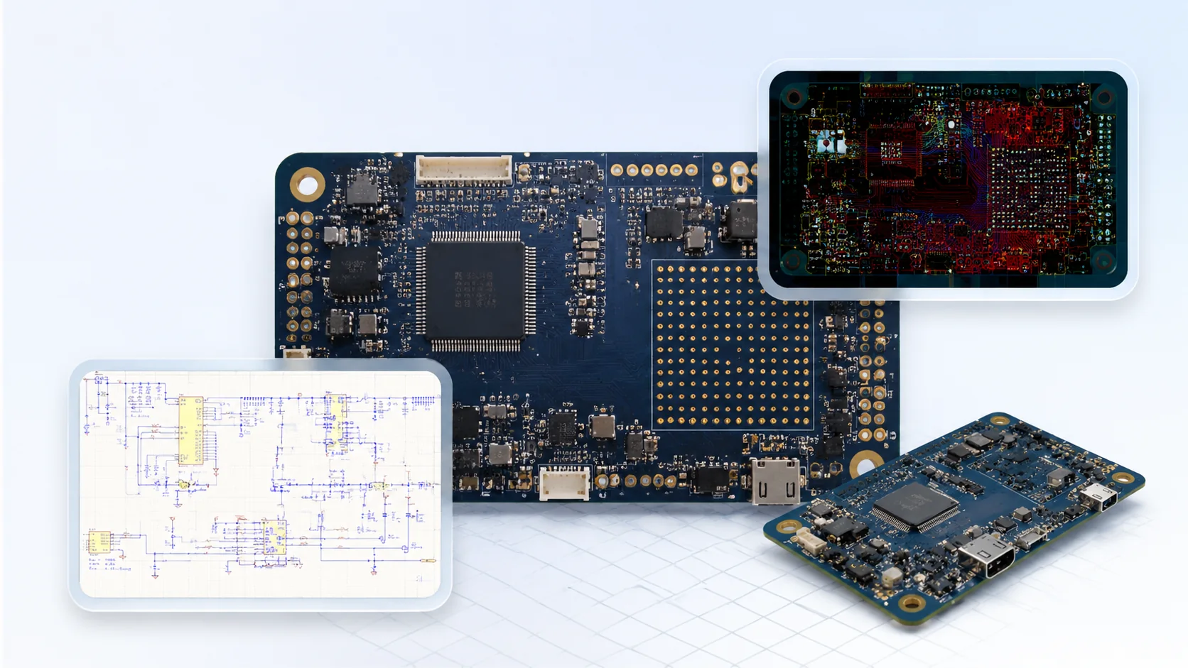 PCB design workflow showing schematic capture, multilayer board layout and assembled circuit boards