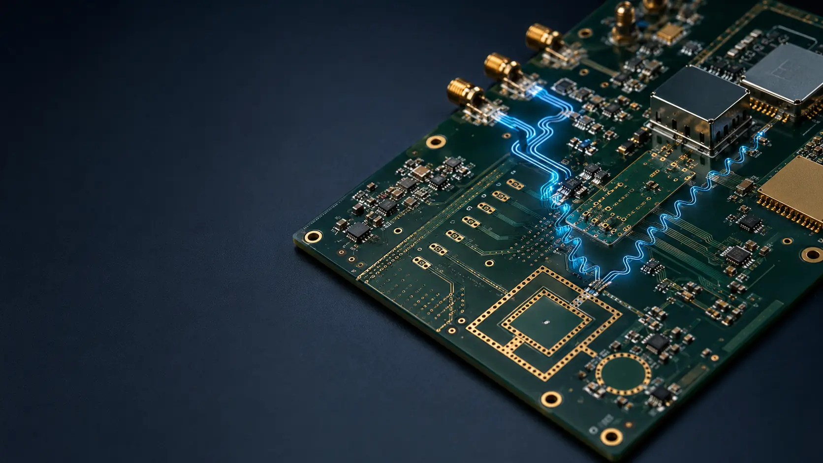 High-frequency RF PCB with controlled impedance transmission lines, microstrip structures and RF components