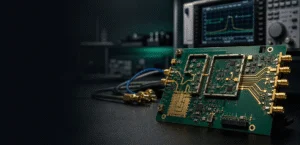 High frequency RF PCB testing setup with controlled impedance traces, SMA connectors, and microwave circuit design for advanced electronics applications.