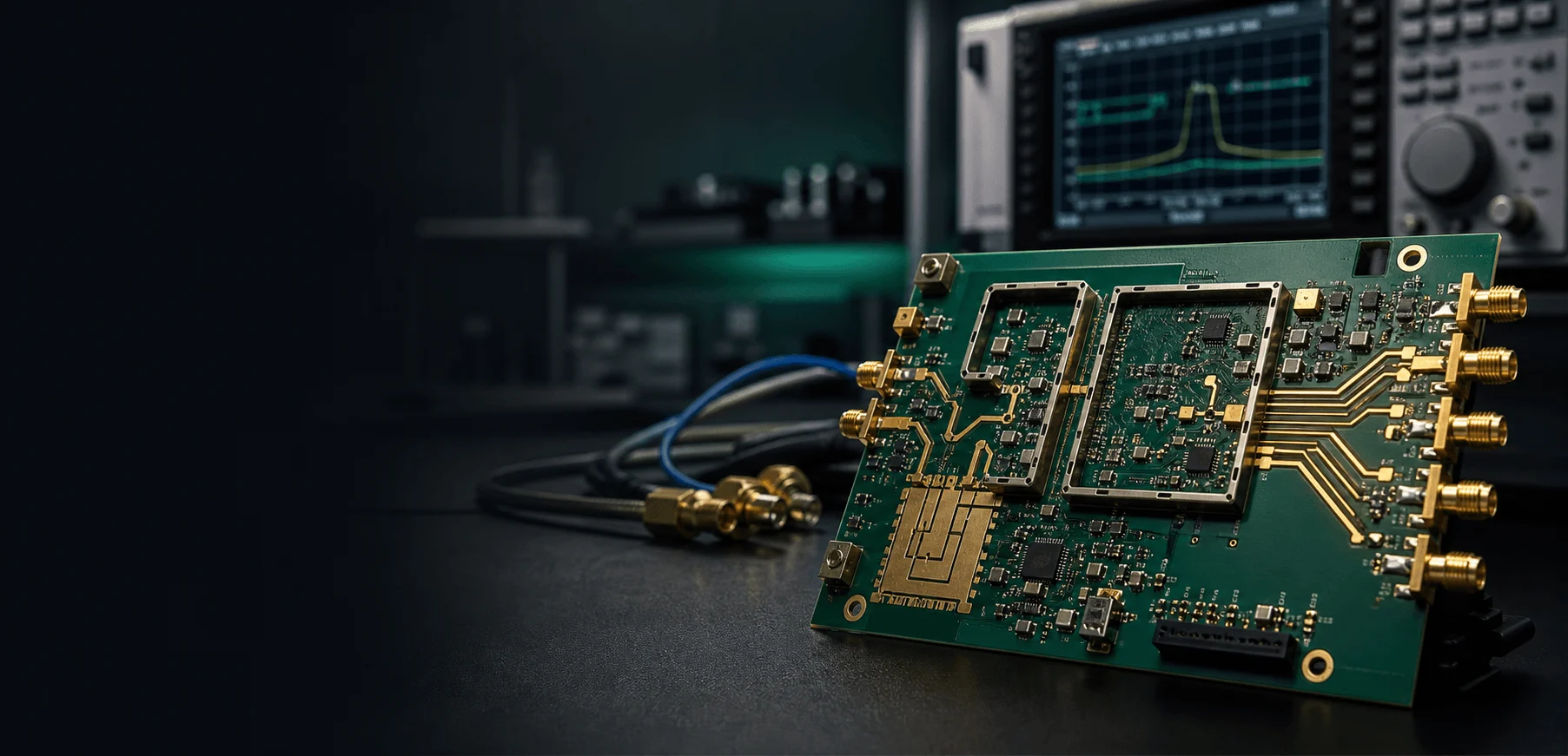 High-frequency RF PCB with controlled impedance traces and SMA connectors