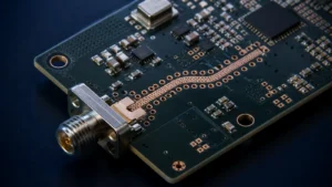 RF PCB with edge-launch connector, controlled-impedance trace and ground-via stitching.