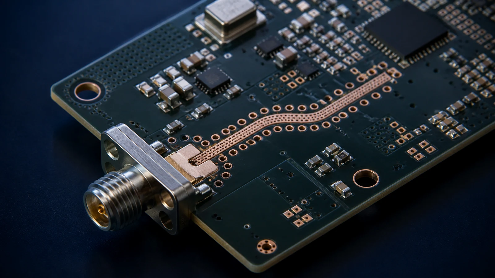 RF PCB with edge-launch connector, controlled-impedance trace and ground-via stitching.