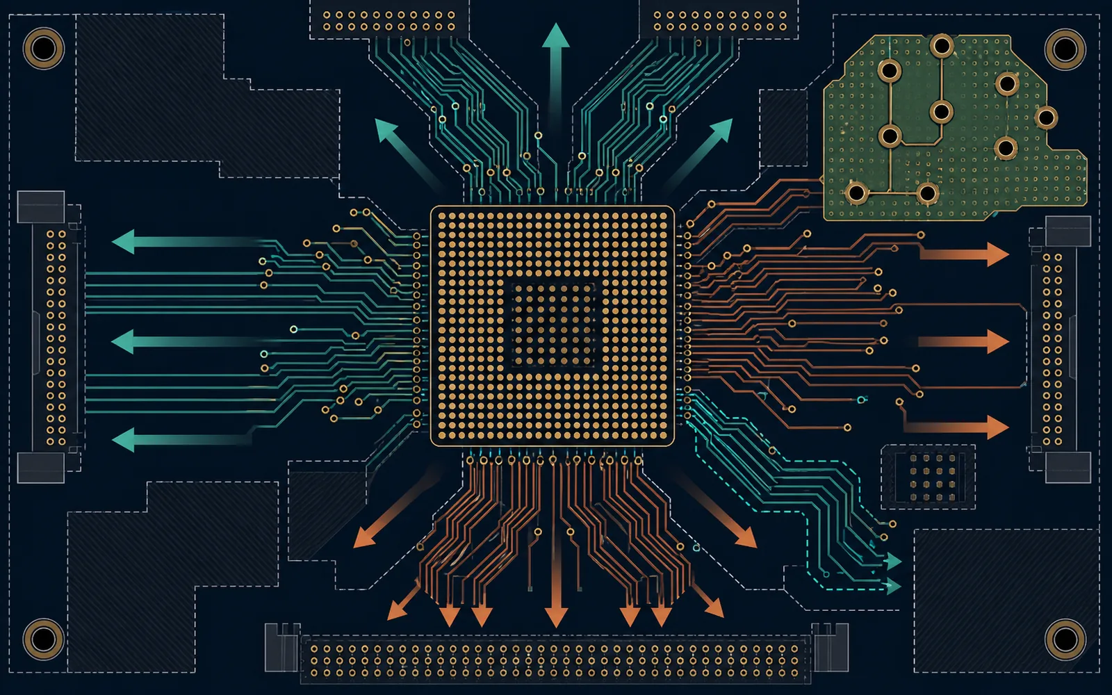 Illustrative BGA escape routing showing density, fanout vias and routing-channel planning