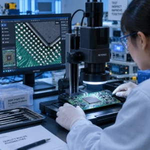 SMT process engineer inspecting BGA assembly quality during PCB prototype production