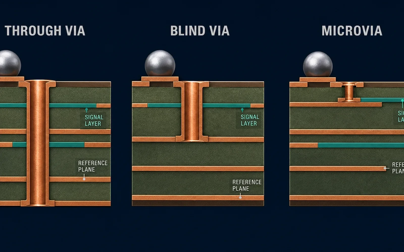PCB cross-section comparing through vias, blind vias and microvias for BGA fanout