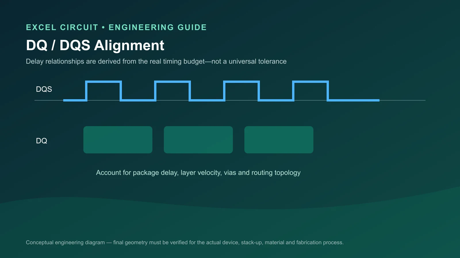 DDR PCB Routing Guidelines: Topology, Timing, Length Matching & Signal Integrity 1 Conceptual DDR DQ and DQS timing alignment diagram