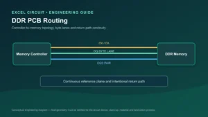 DDR PCB routing from memory controller to DDR memory with DQ, DQS and continuous reference plane