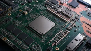 High-density FPGA PCB with DDR memory, PMIC and local decoupling components.
