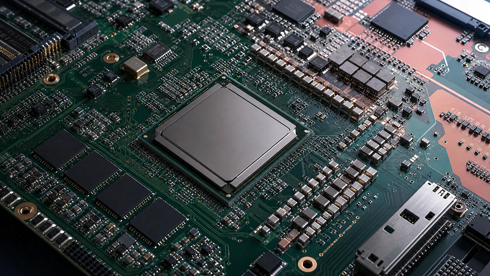High-density FPGA PCB with DDR memory, PMIC and local decoupling components.