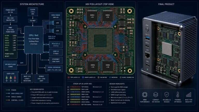 HDI fine-pitch BGA PCB engineering example with schematic, HDI layout and finished embedded product