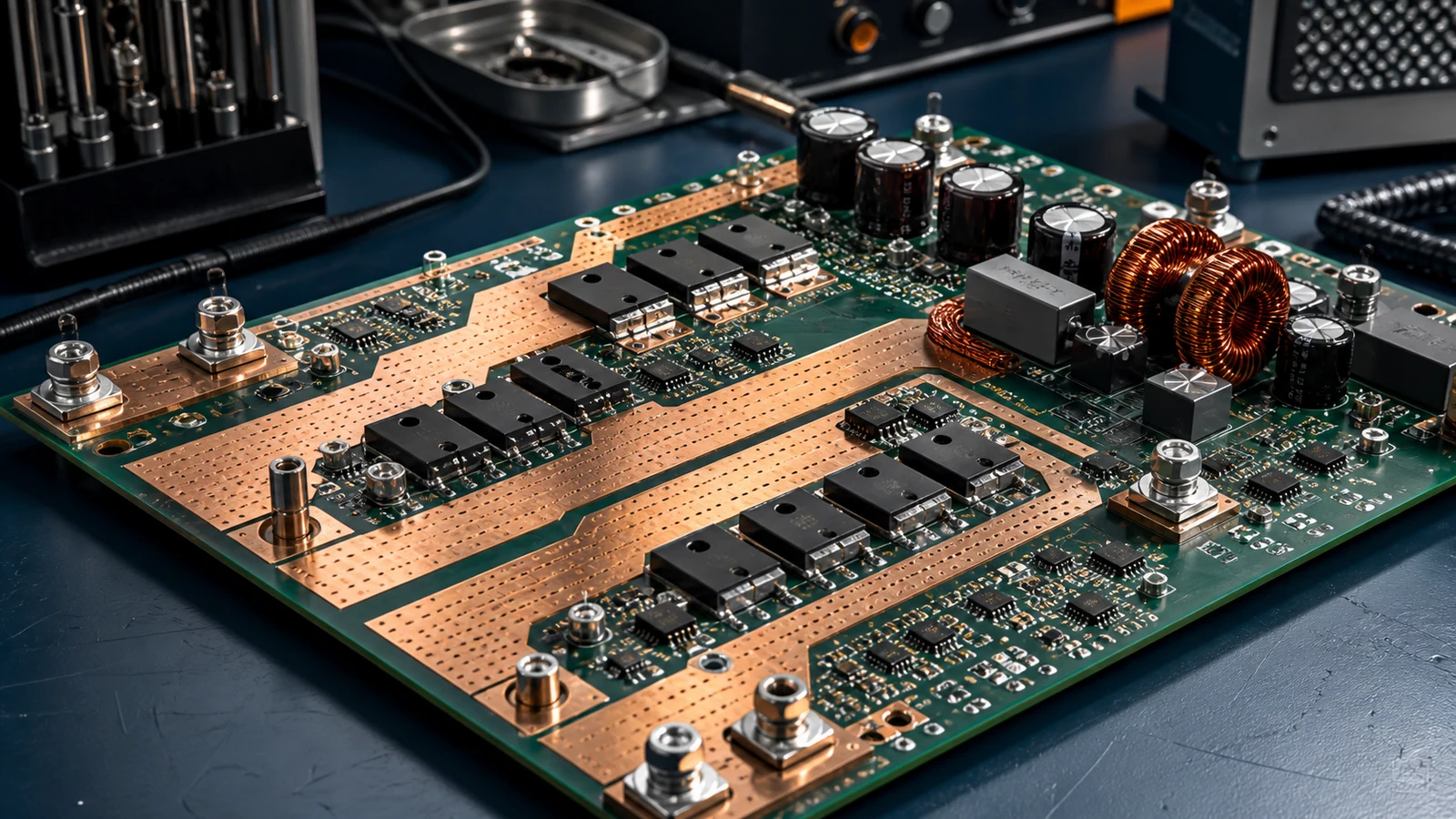 Power electronics PCB with wide copper paths, MOSFETs and thermal-via fields.