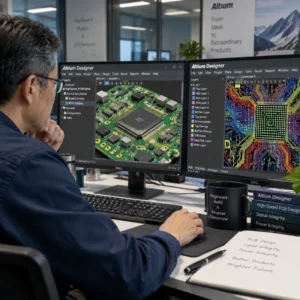 PCB layout engineer reviewing complex multilayer PCB design