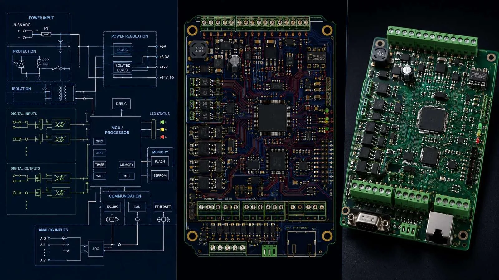Industrial controller PCB engineering example with schematic, PCB layout and assembled control board