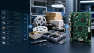 PCB assembly BOM workflow showing component sourcing and assembled PCBA