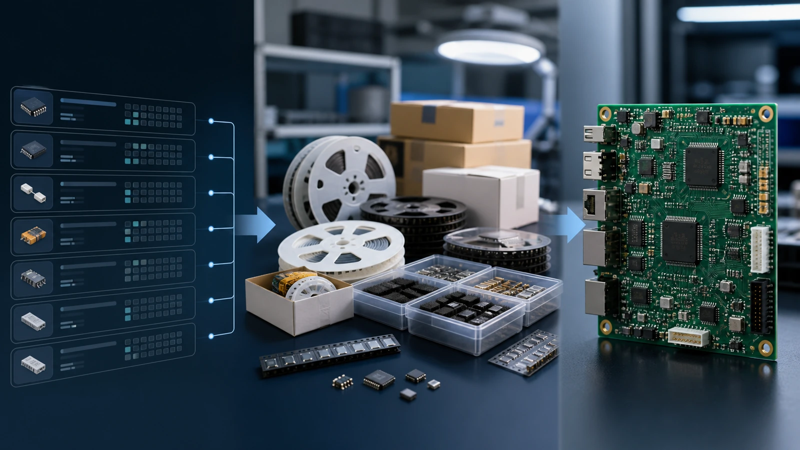 PCB assembly BOM workflow showing component sourcing and assembled PCBA