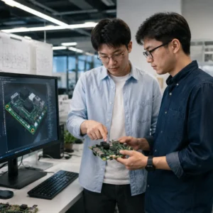 DFM and DFA engineers reviewing a PCB prototype for manufacturability and production readiness