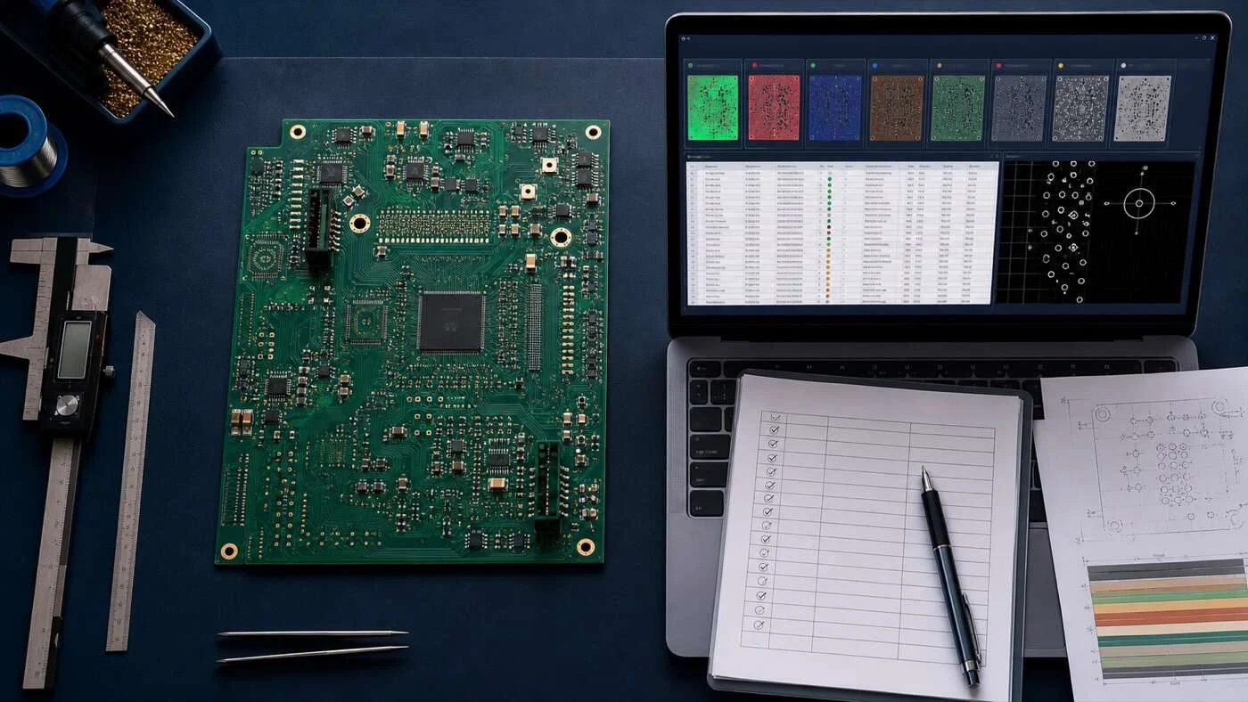 PCB manufacturing files checklist with circuit board, Gerber layers, BOM and drill data