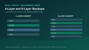 Conceptual four-layer and six-layer PCB stackup diagrams