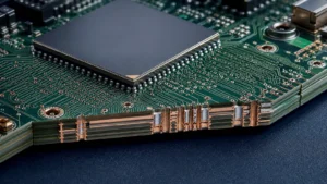 Fine-pitch BGA on an HDI PCB with dense via-in-pad escape routing.