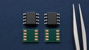 Two eight-lead integrated circuits compared with matching PCB land patterns for alternate component package compatibility