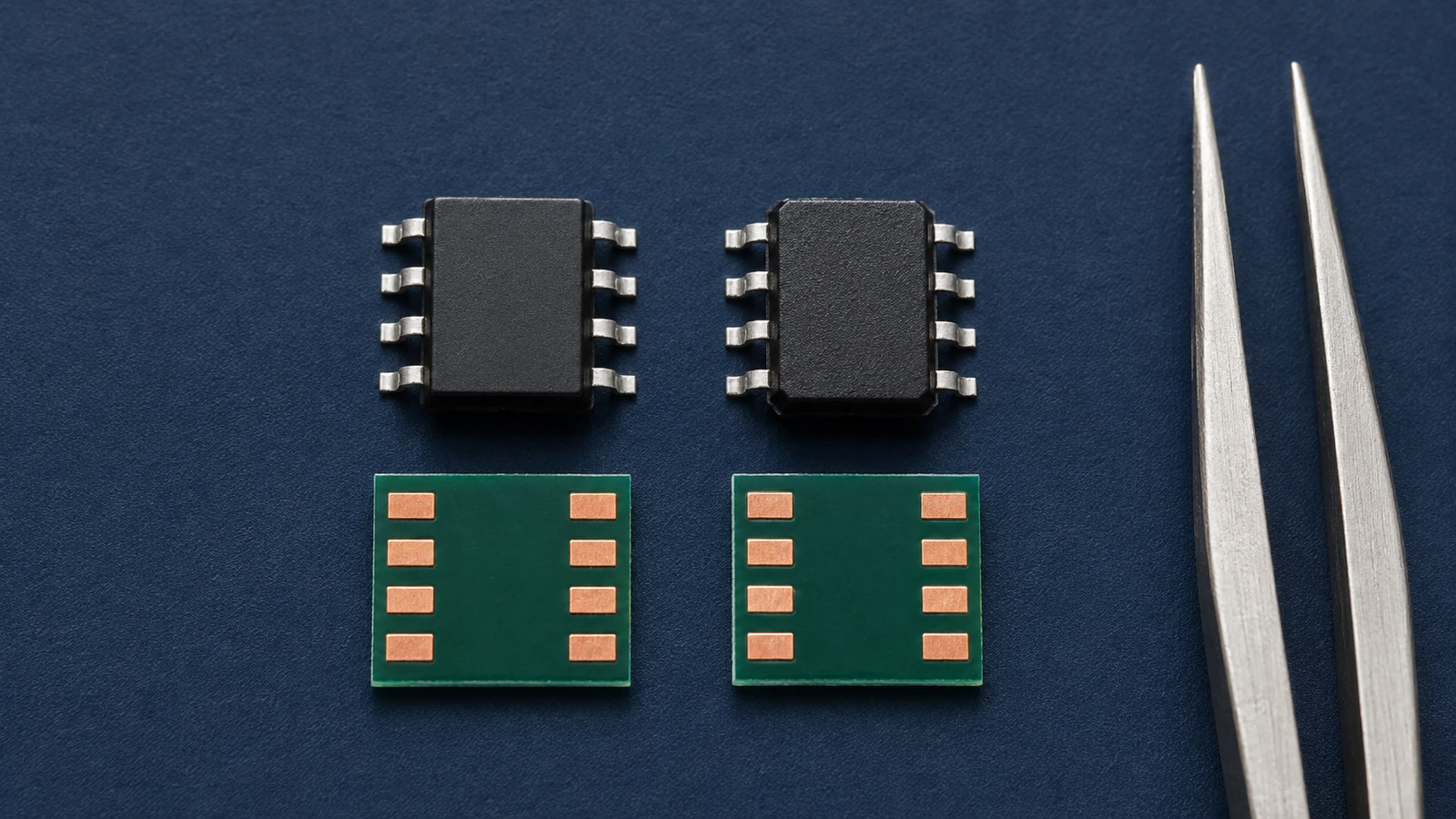 Two eight-lead integrated circuits compared with matching PCB land patterns for alternate component package compatibility