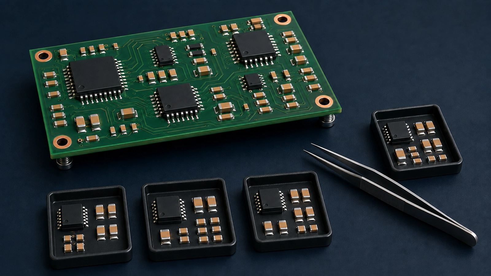 Candidate component sets in separate trays beside a populated PCB and a selected component kit