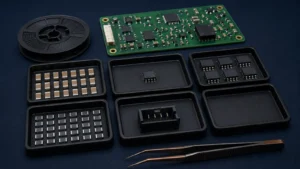 Component trays with different stock quantities beside an assembled PCB for BOM supply risk review