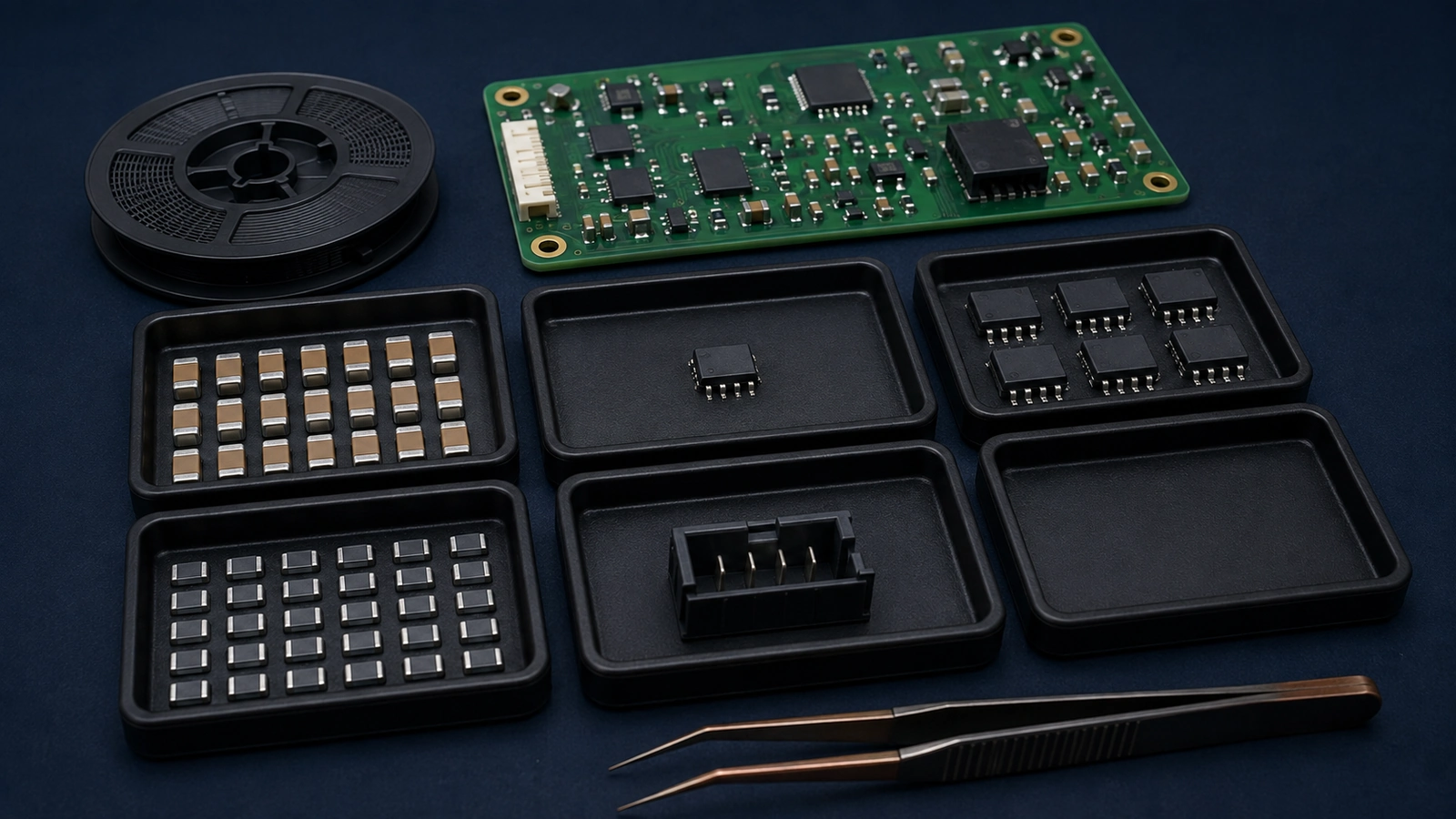 Component trays with different stock quantities beside an assembled PCB for BOM supply risk review
