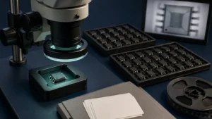 Microscope inspecting an integrated circuit beside separate component trays and an X-ray inspection view
