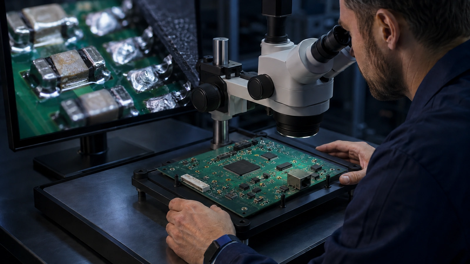 Engineer inspecting a first article PCBA under a stereo microscope beside a magnified solder-joint view