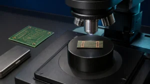 Microscope inspection of a PCB microsection showing copper layers and plated through-hole barrels