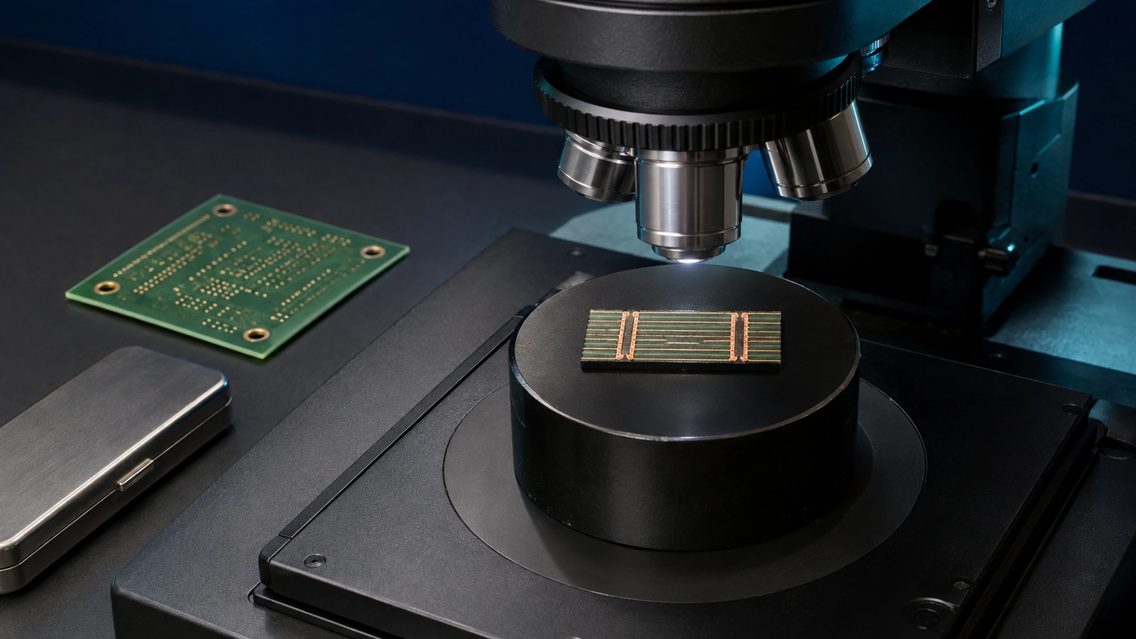 Microscope inspection of a PCB microsection showing copper layers and plated through-hole barrels