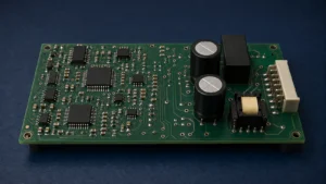 Mixed technology PCBA with fine-pitch SMT devices, through-hole connector, electrolytic capacitors, relay and transformer