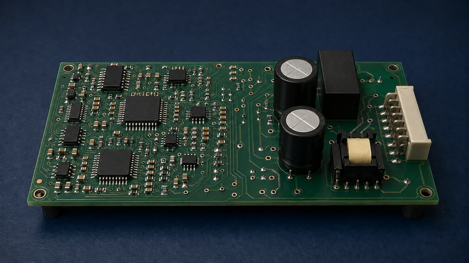 Mixed technology PCBA with fine-pitch SMT devices, through-hole connector, electrolytic capacitors, relay and transformer