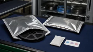 Component reel with moisture barrier bags, desiccant and a humidity indicator card beside a dry cabinet